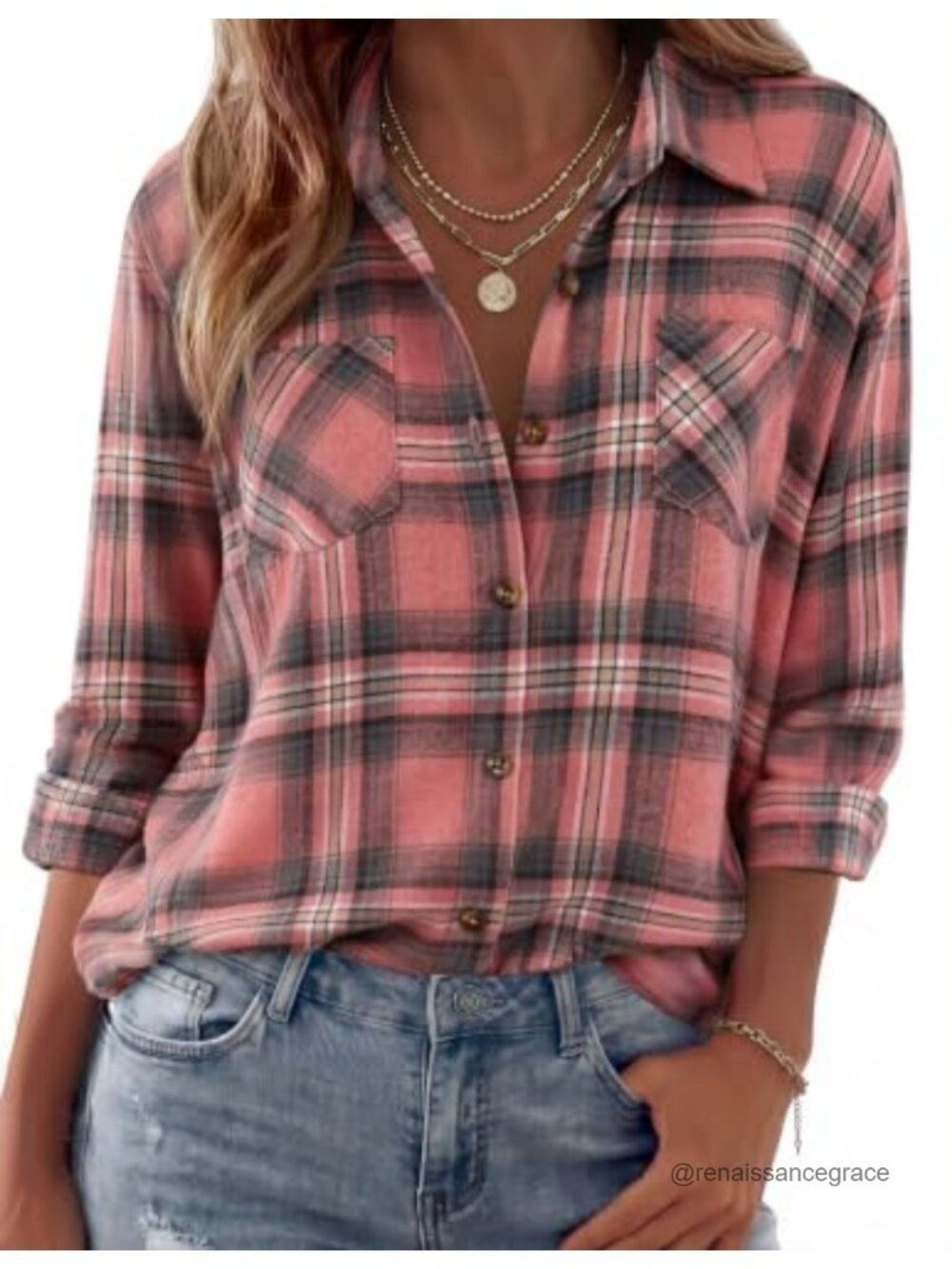 Womens Flannel Shirt Long Sleeve Button Down Plaid Top Casual Fall Blouse